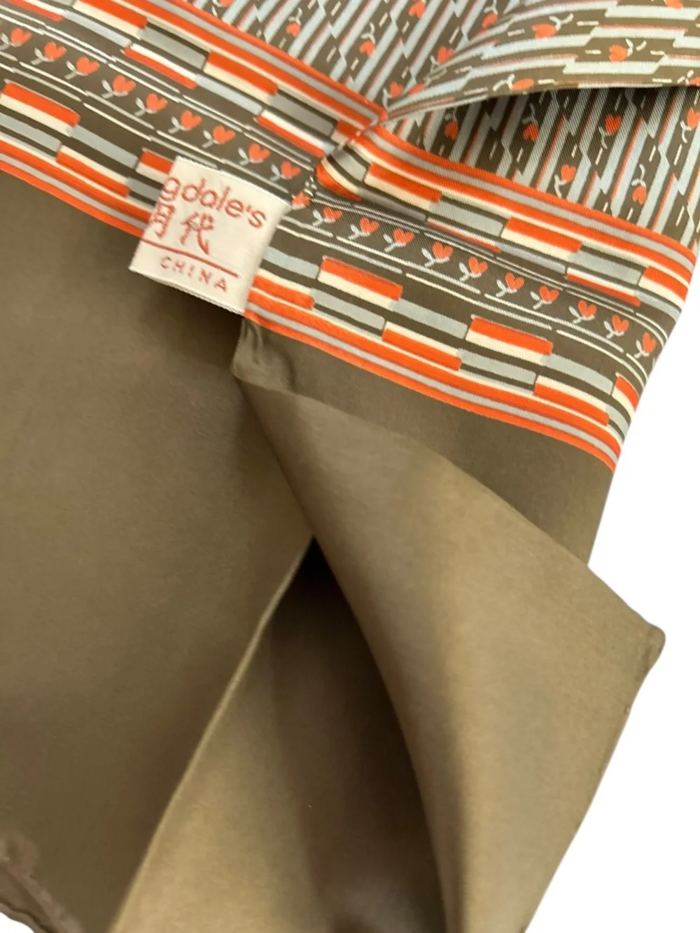 Bloomingdales silk olive green orange heart blossom graphic MCM scarf